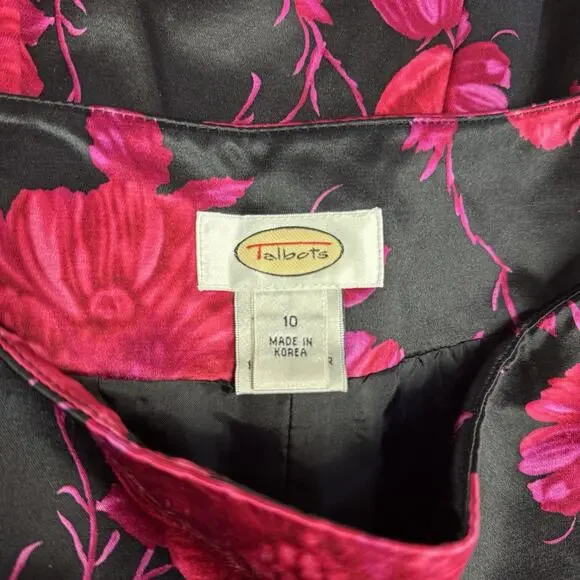 Talbots Skirt 10 Silk Blend Black Satin Pleated Floral Romantic Witchy Office - Picture 6 of 7